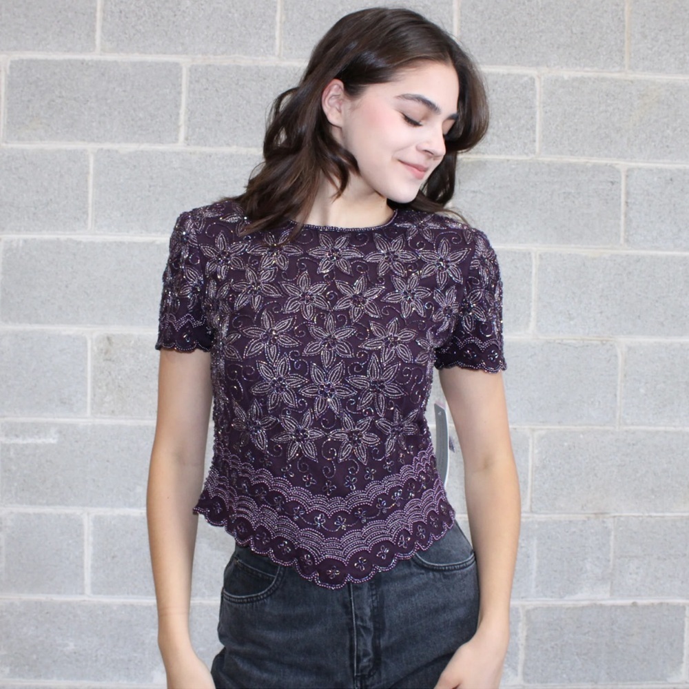 Adrianna Papell Evening Essentials Silk Womens Beaded Purple Short Sleeve Blouse